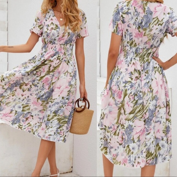 Boho floral print shirred waist dress - Picture 2 of 8